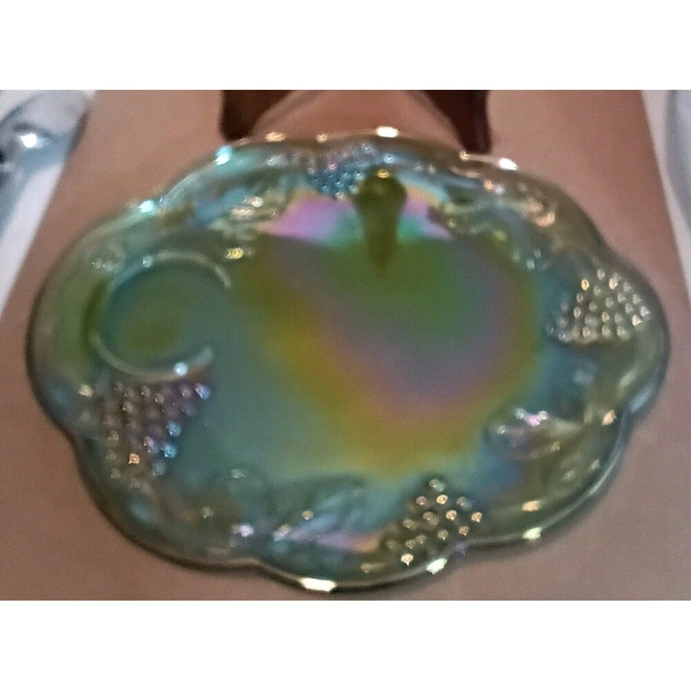Vtg Indiana Glass Carnival Iridescent Lime Serving Dip Oval Tray Grapes Leaves